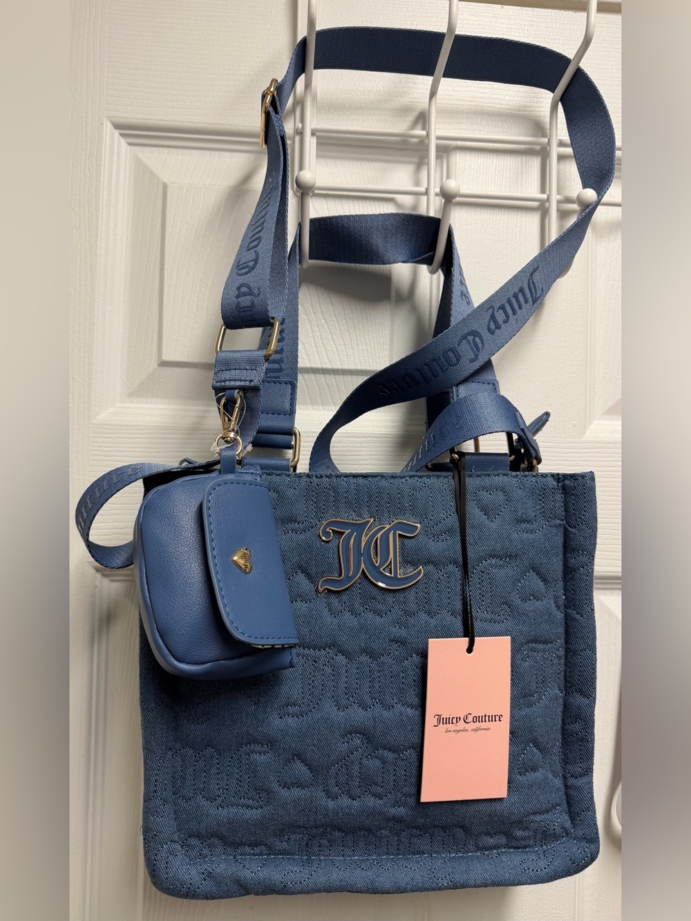 New-Juicy Couture Denim Blue Quilted Tote with Detachable Pouch